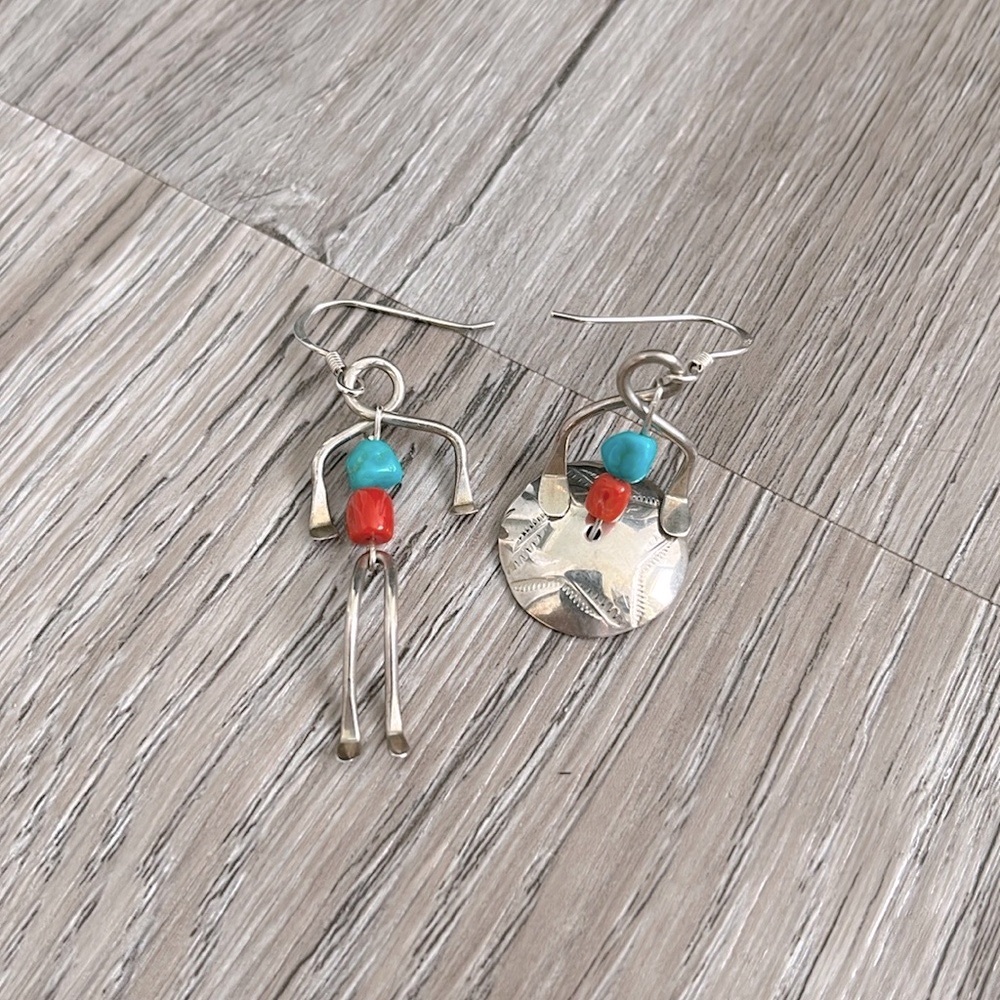 Sterling silver turquoise and coral articulated man and woman earrings